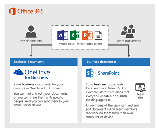 Ein Diagramm, das zeigt, wie Office 365-Produkte OneDrive oder Team Websites verwenden können